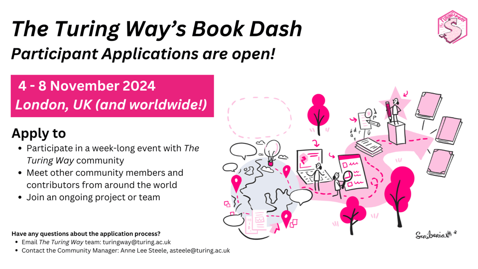 A hand drawn scriberia image in pink and greyscale populates the right side of the digital flier. There is a hand-drawn globe featuring markers and text bubbles in different geographies, connected by a pink dashed line as if communicating with each other. On the right side of the globe is a path where people are writing on computers and on paper, with the dashed line following them. The line continues to show a person reviewing text and writing, which converges into books. The flier holds information about Book Dash Applications.