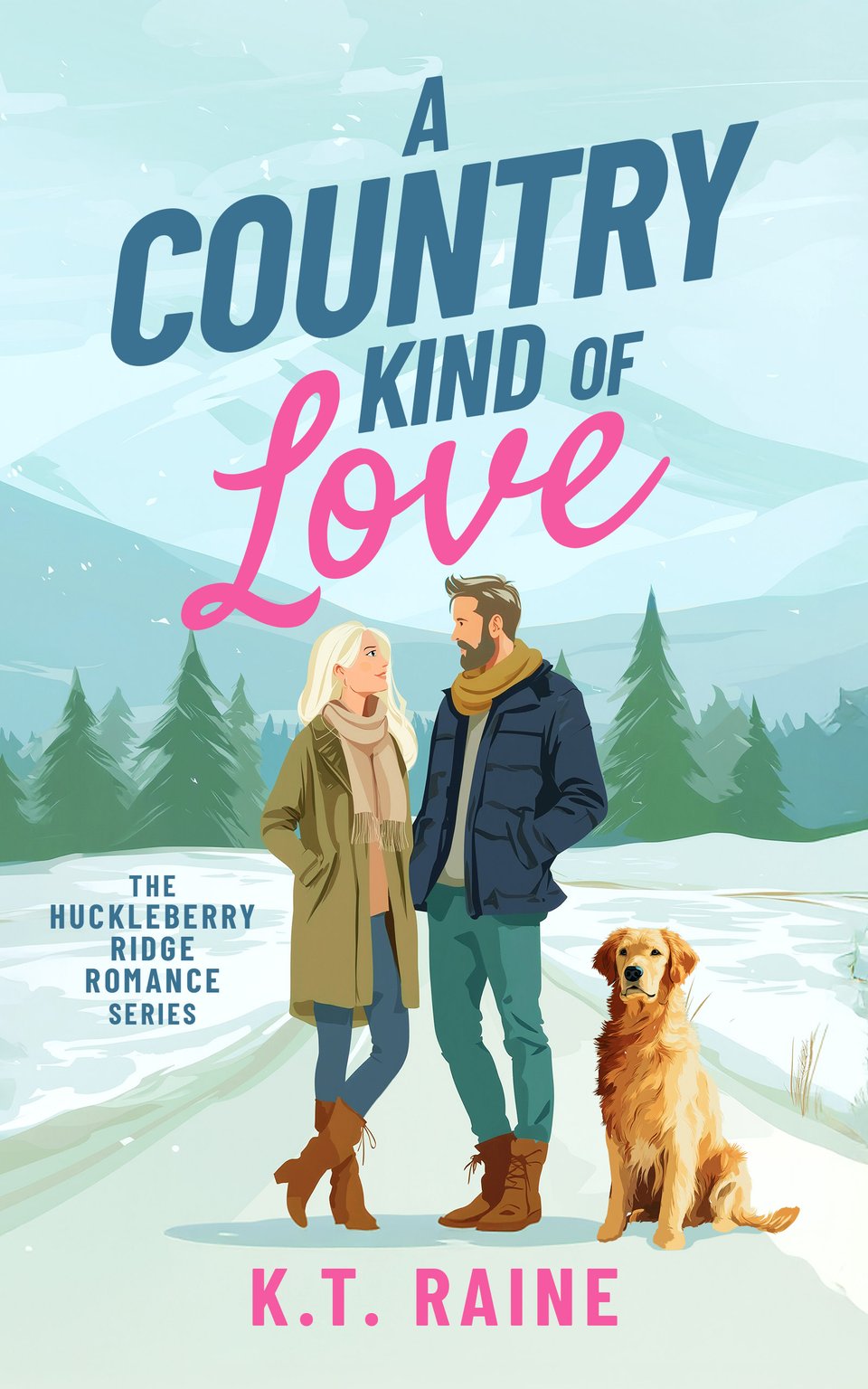 A colorful, illustrated image of a man and woman on a snowy path with a golden retriever at their side.