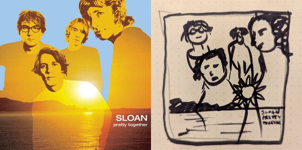 The four members of Sloan, their four heads rendered in yellow-tinted black and white, with outlines for the rest of their bodies. Through their bodies we see a photograph of a sunrise/sunset on the ocean, a bit of land jutting in from the left.
