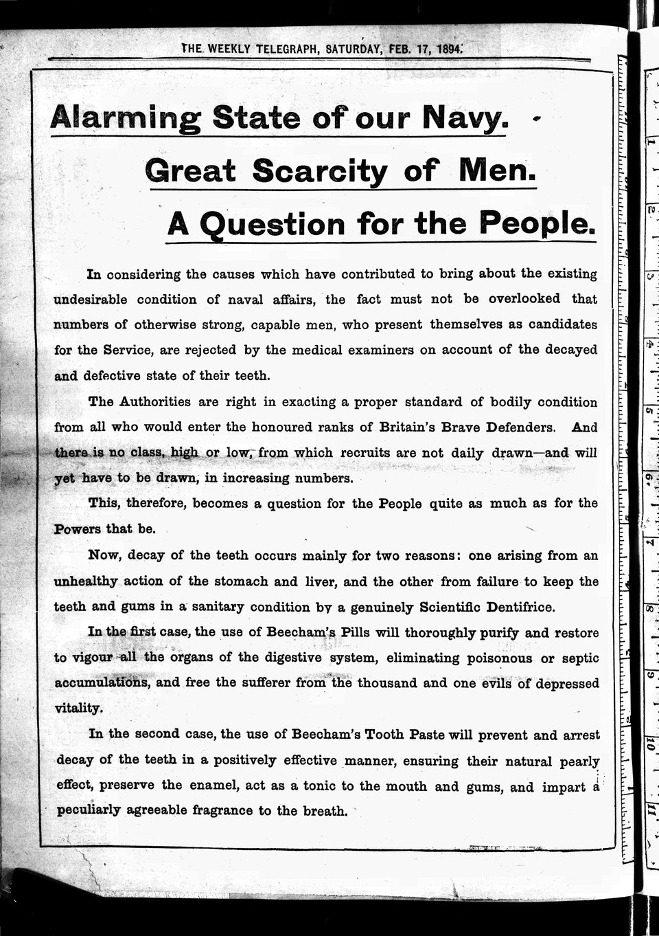 Beecham's Tooth Paste ad that claims their toothpaste will restore the navy, which is apparently in quite an alarming state