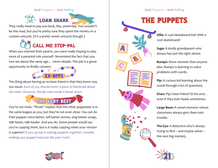 Many lovely small images adorn the page. Relationships have illustrated headlines as follows: Loan Shark has money being chased by a shark; Call Me Step-Pal has rings; Ex-BFFs has a broken friendship bracelet; The Very Best has a sash tied behind it. A section called The Puppets shows, variously, a skateboard, sage, alphabet blocks, a book, a doll, beans, and a magnifying glass. These, somehow, are also the character names.