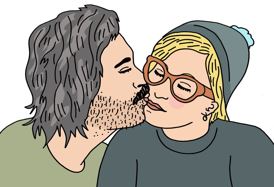 A cartoony portrait ofmy husband and I designed by Derek Erdman.