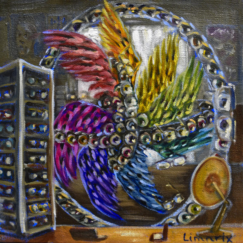 16x16in oil on hemp painting of whirling wheels of rainbow eyes and 8 wings in a color wheel, hovering in front of a counter with a circular mirror and rack of eyeglasses and also holding some glasses.