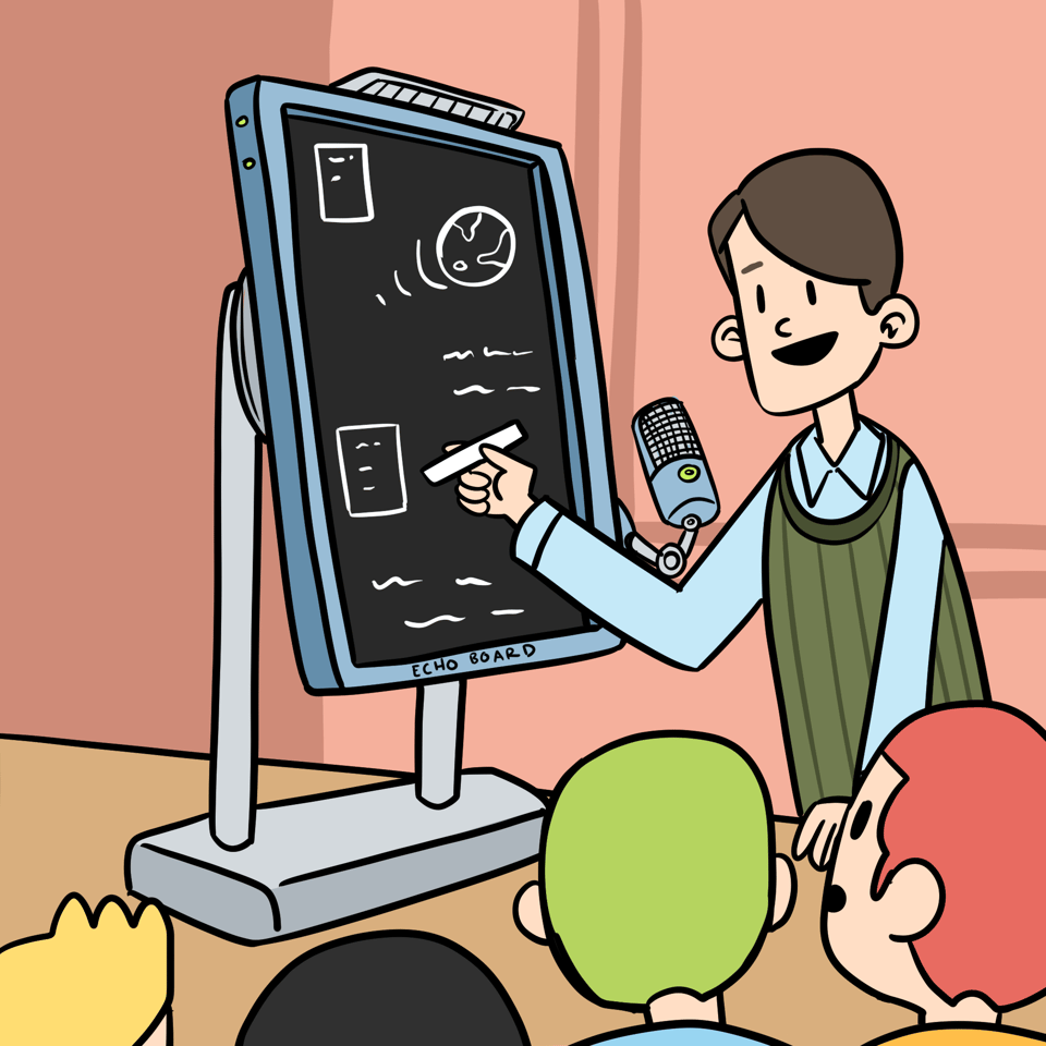 A man is standing while holding some chalk in front of a metal enclosed chalkboard on a stand. The stand also has a microphone which is recording what he is saying. 4 people are listening in.