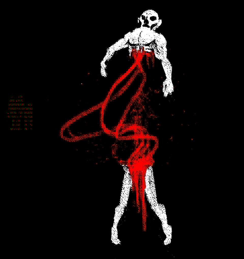 A grainy drawing of a man torn in half, intestiles writhing, blood leaking down.