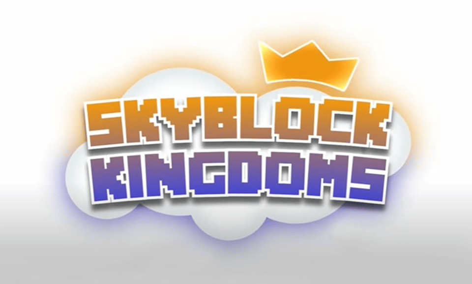 Skyblock Kingdoms SMP logo for Season 1. The word "Skyblock" is in gold with a crown floating above the O, while Kingdoms is an ombre blue. There is also a cloud behind the words, which glows gold on top and blue on the bottom.