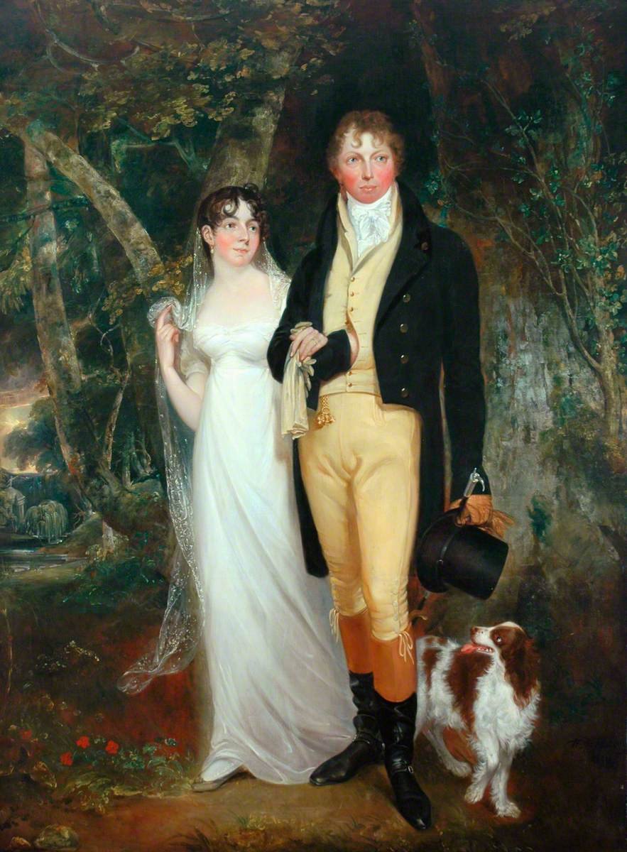 A Regency-era portrait of a woman in a high-waisted white gown and a man in a black coat, buff waistcoat, leather breeches, and riding boots. A brown and white spaniel is beside them.