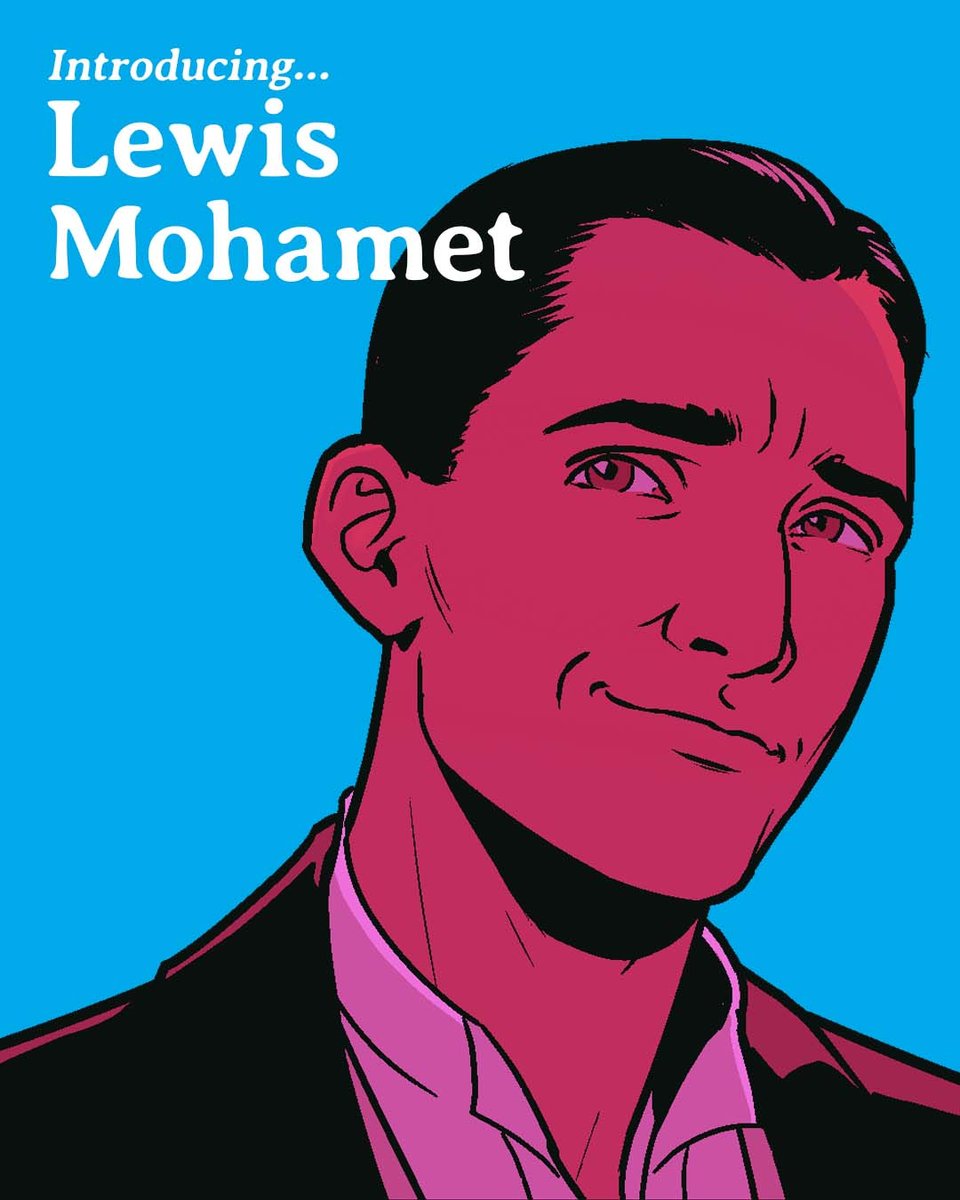 An image of ONE FOR SORROW character Lewis Mohamet on a cyan background. He is a young South Asian man with black hair and brown eyes. He is wearing a butler's outfit, with the bow tie undone and collar unbuttoned. He is smiling and looking up to his right, as if he is reminiscing.