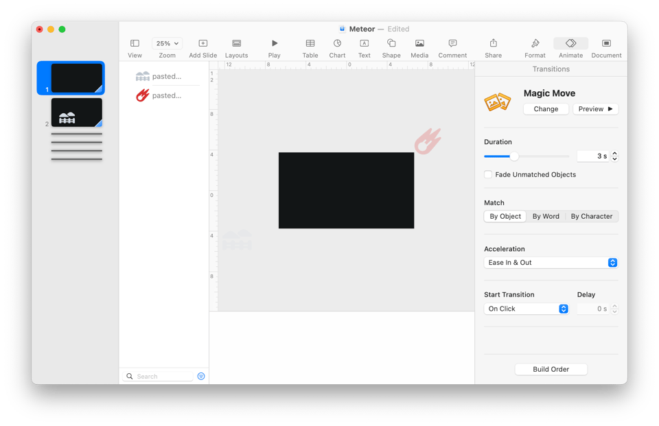 Screen capture of Apple Keynote, showing the first slide of an animated sequence, along with the Animate panel.