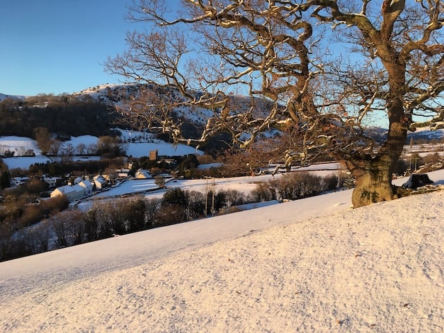 A snowy scene with a tree in foreground and St Michael & All Angels church in the distance.