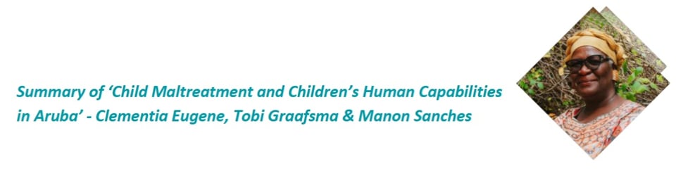 Screenshot of the summary of the article in English, with a picture of Clementia on the right. Text: Summary of ‘Child Maltreatment and Children’s Human Capabilities in Aruba’ - Clementia Eugene, Tobi Graafsma & Manon Sanches.