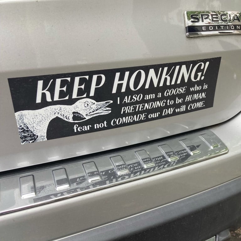 A photo of the rear of a champagne coloured car. A bumper sticker has been attached with a drawing of a goose and the text: KEEP HONKING! I ALSO am a GOOSE who is PRETENDING to be HUMAN. fear not COMRADE our DAY will COME.
