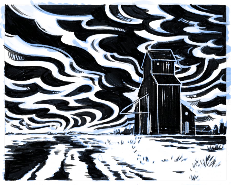 A woodcut style illustration of a grain elevator with a psychedelic looking swirly sky
