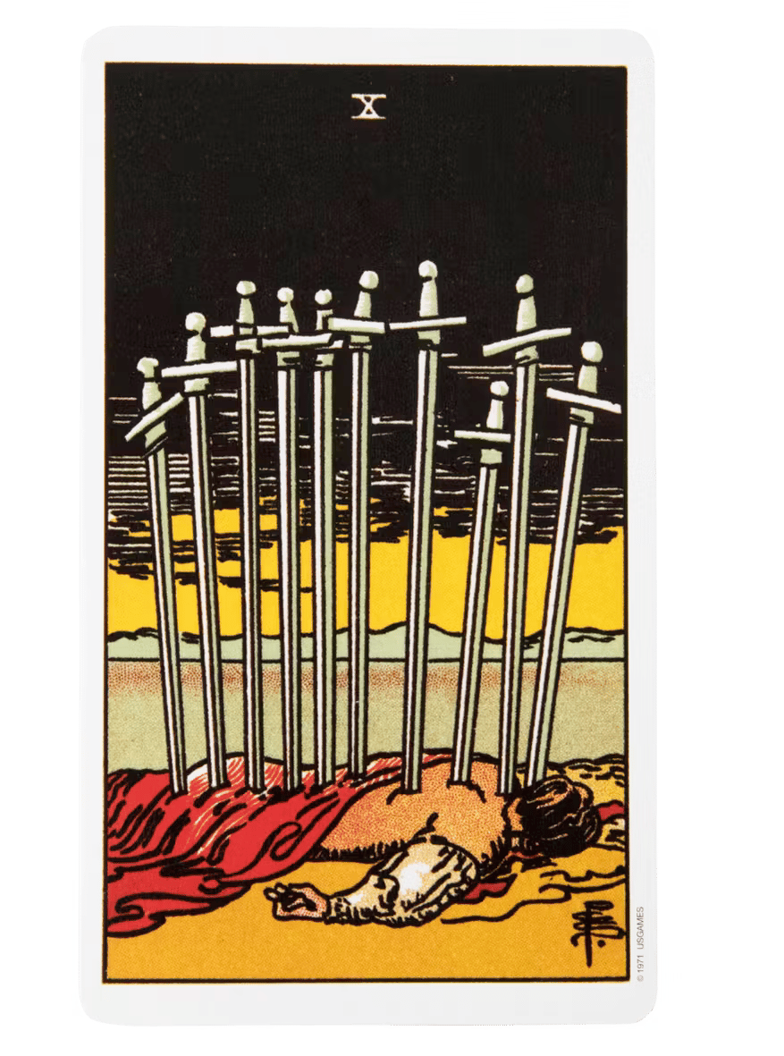 the ten of swords tarot card. a figure draped in red cloth lies on a beach, stabbed in the back by ten swords. the dark clouds in the background begin to clear.