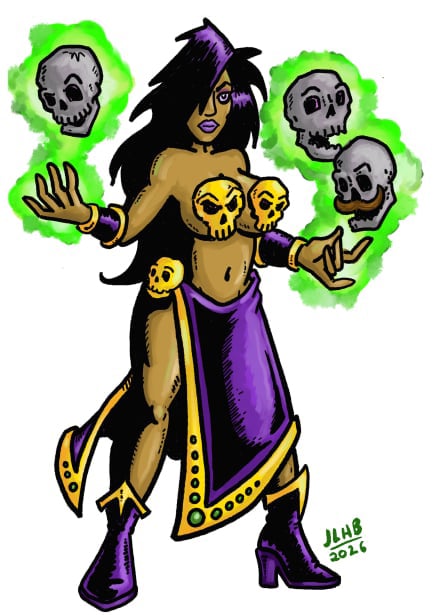 Mourtika the Skull Witch, drawn by Josh Burnett. She's a witch, she's wearing a skull brassiere, and she's making skulls levitate.