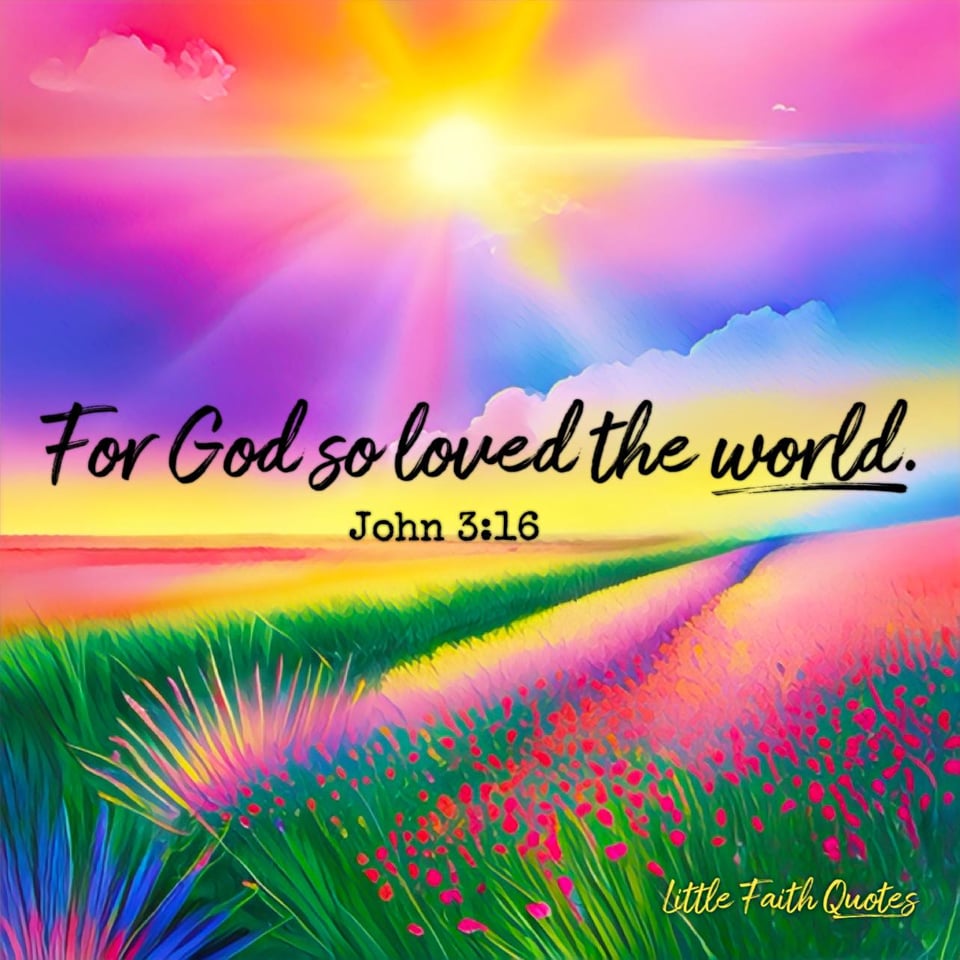 "For God so loved the world that He gave His only begotten Son, so that everyone believing in Him shall not perish, but have eternal life." ~John 3:16. The sun sets in a beautiful purple, blue, and hot pink sky. A field of pink flowers spans out in a beautiful meadow as far as the eye can see. Image by: @Little Faith Quotes.