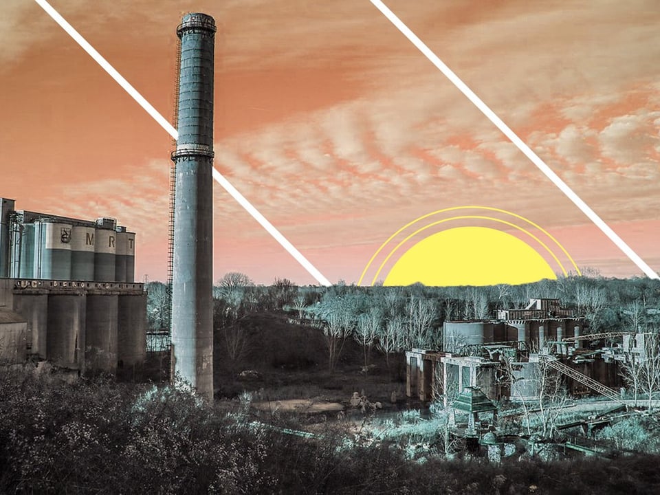 A stylized view of the abandoned cement factory turned into partial art installtation, Cementland.