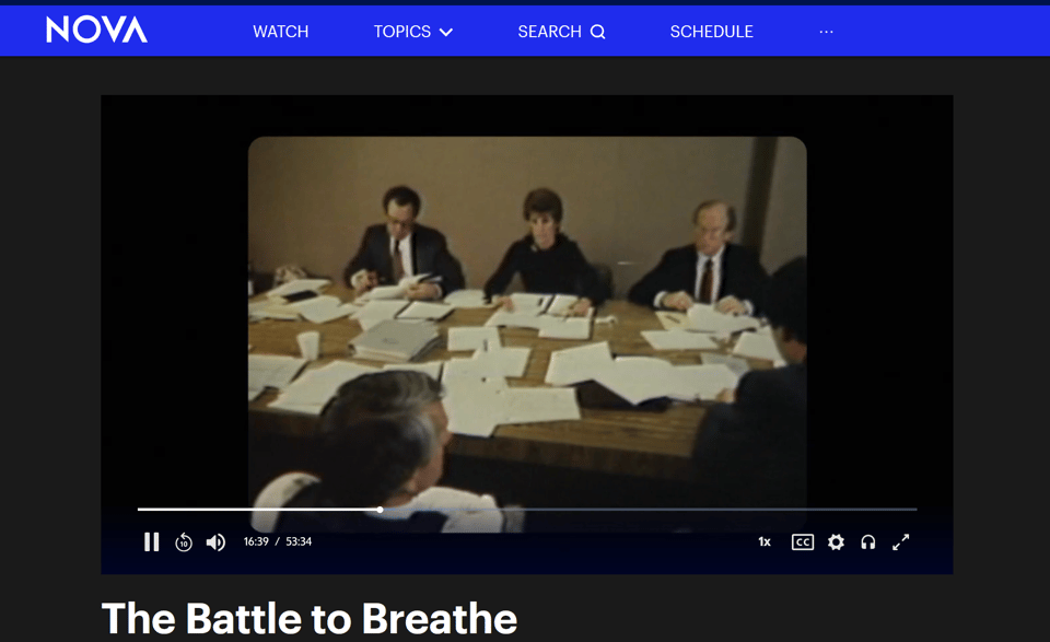 A screenshot of the PBS website, with The Battle to Breathe playing on the site.