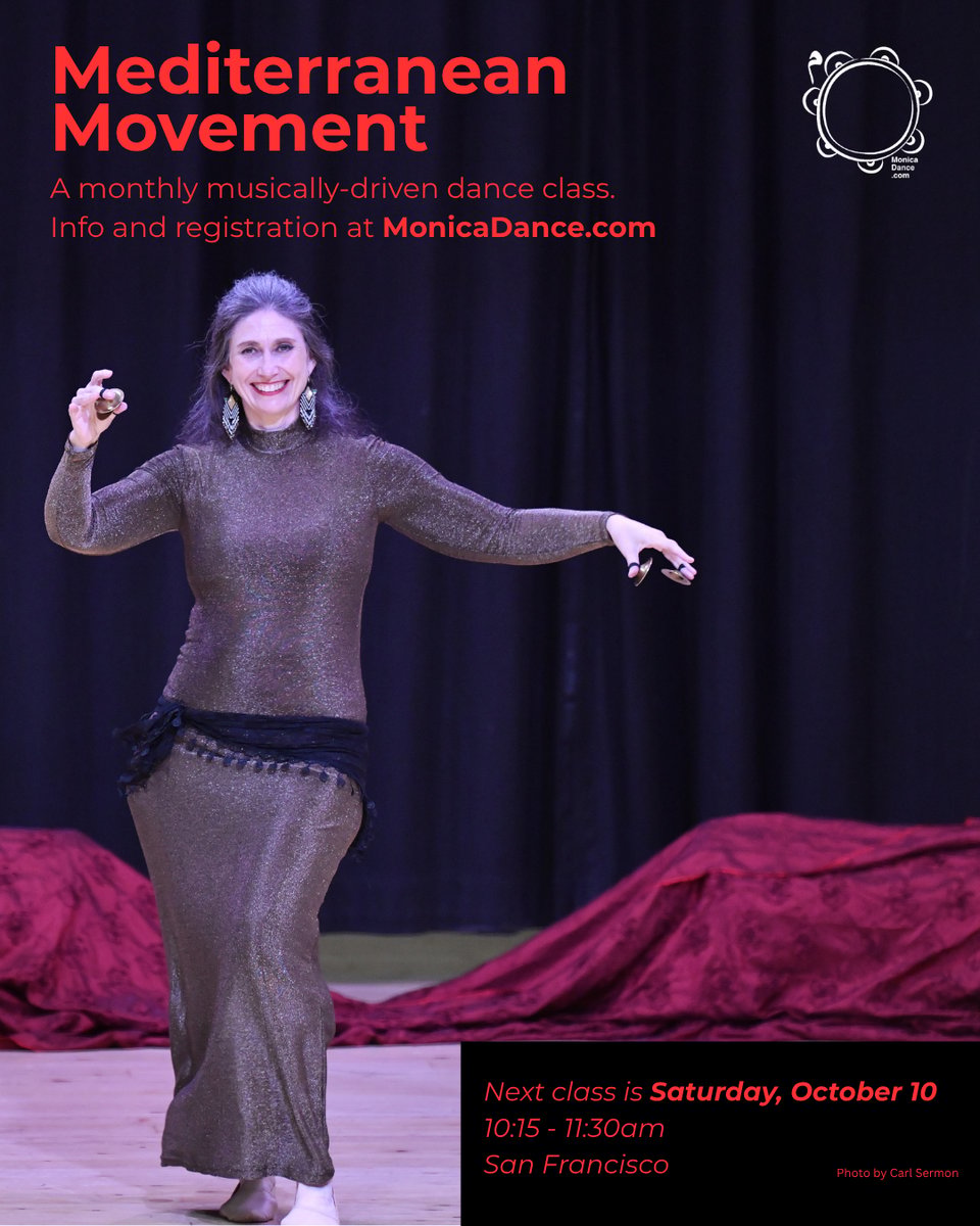 Alt text: A person on a stage in a gold dress holding finger cymbals smiles at the camera. Text talks about a dance class.