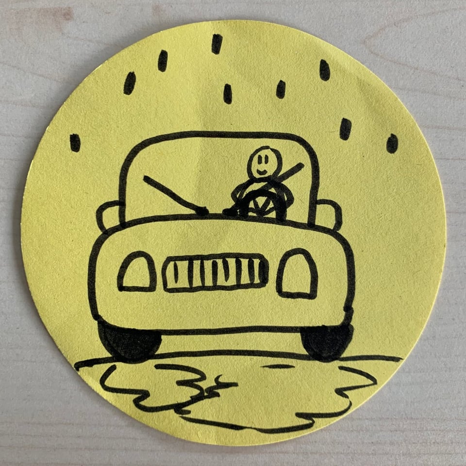 Zeichnung eines Autos auf regennasser Straße mit aktivierten Scheibenwischern.