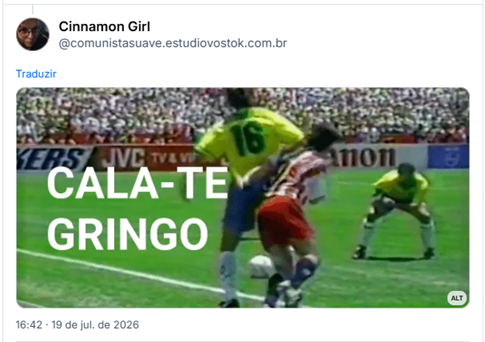 Post de Cinnamon Girl (@comunistasuave.estudiovostok.com.br): (Imagem estática do lance do Leonardo dando cotovelada no americano na copa de 94, escrito "cala-te gringo")