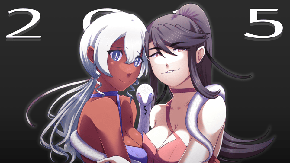 magenta and monochrome holding each other, a snake coming between them