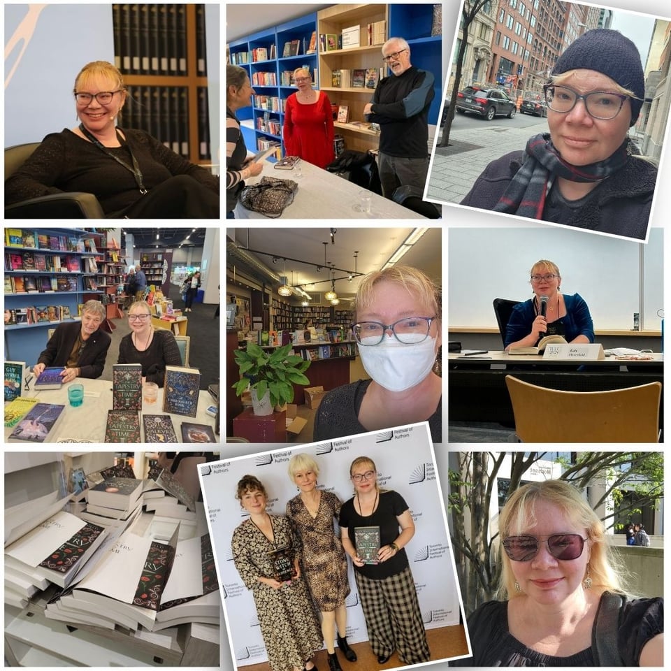 A collage of images, including some selfies and a lot of books.