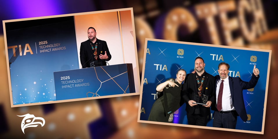 A graphic that includes two photos at an awards gala. One on the left includes a man on stage at a podium accepting an award. The other on the right is a photo of a woman and two men celebrating the award in front of a media wall.