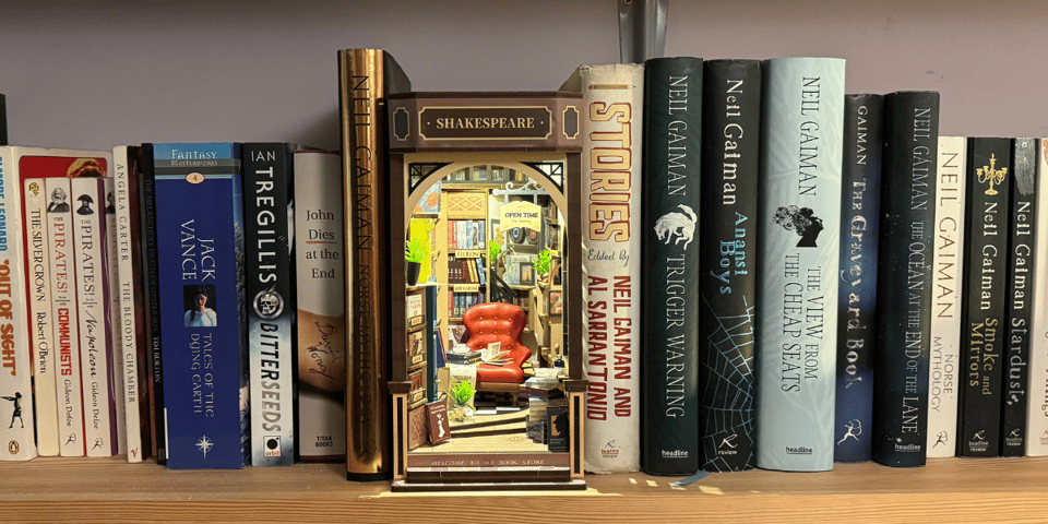 A book nook model of a bookshop on my shelves.