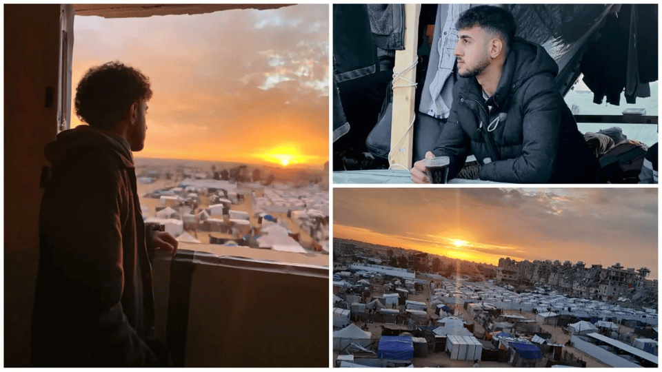 a young man watches a sunset from a window