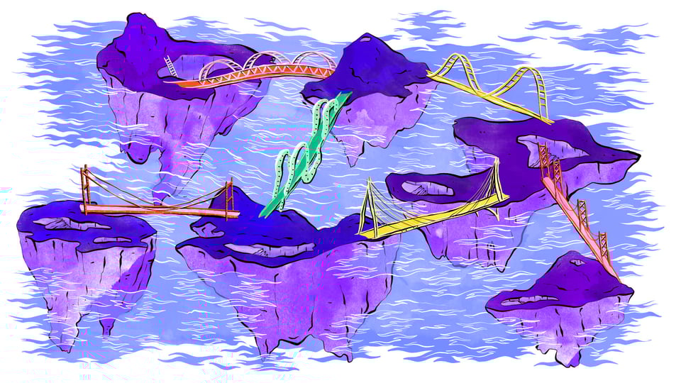 Header image for feminist tech policy. A number of purple islands in the sky connected by various colorful bridges