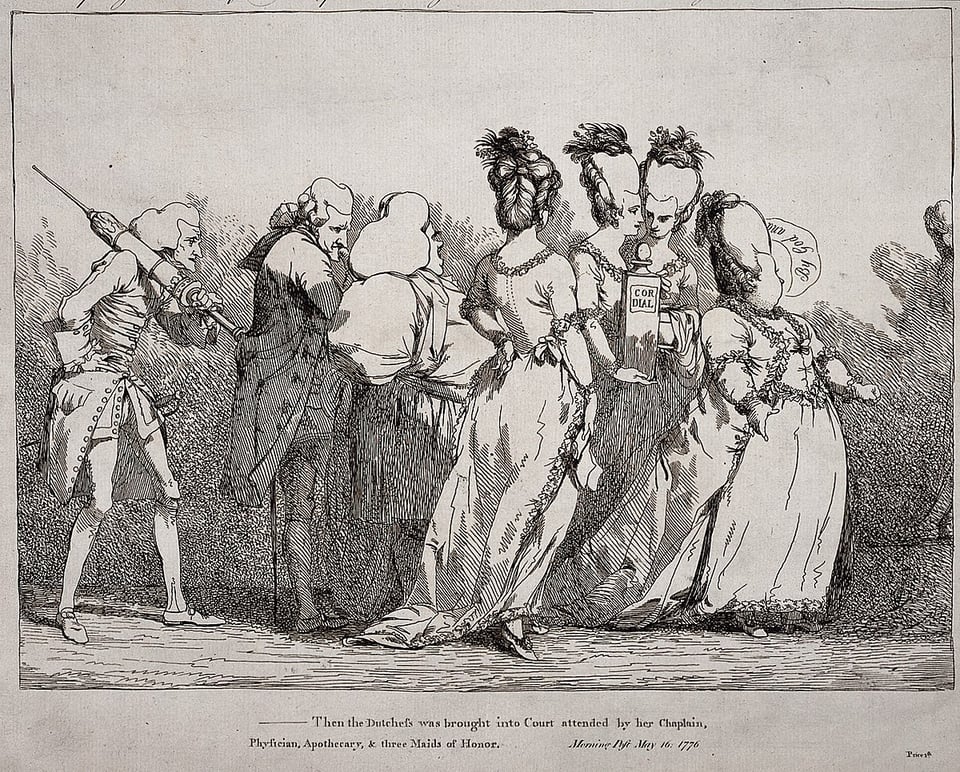 A satirical print showing Elizabeth Chudleigh going into court to face charges of bigamy. She's a large woman in an elaborate gown saying "By God and—" and she's followed by three women, a priest, a doctor, an apothecary, all of whom look like exaggerated caricatures.
