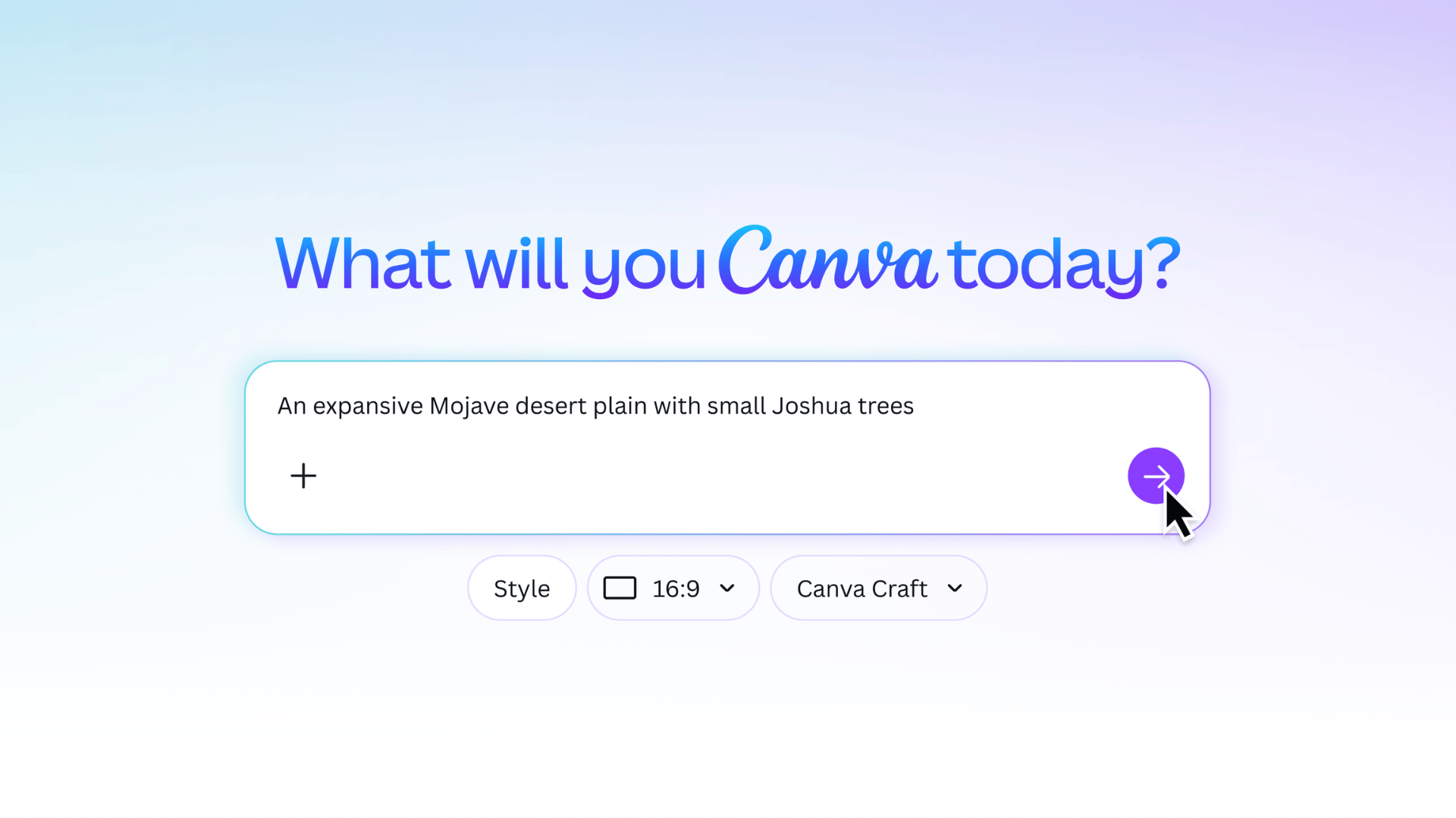 Cuadro de Canva para escribir un prompt con el modelo Canva Craft seleccionado