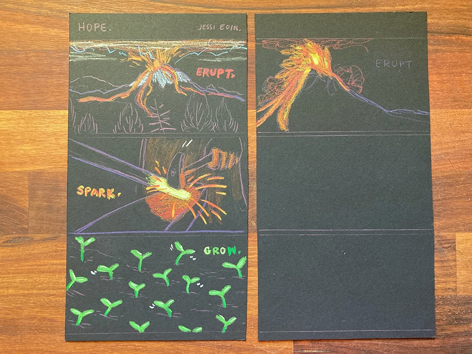 Test layouts for the comic Hope. The panels and their contents are laid out in a similar way to the final result, but Panel 1 originally had a different image of a volcano, based on Mt. Rainier from a distance with trees in the foreground.