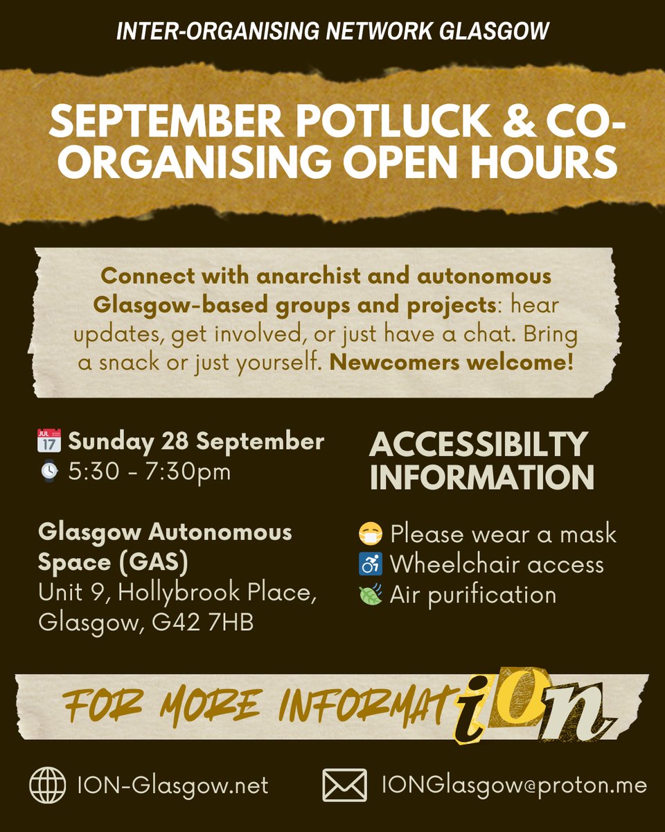A poster image with a dark background covered in scraps of paper with event details from the main email.