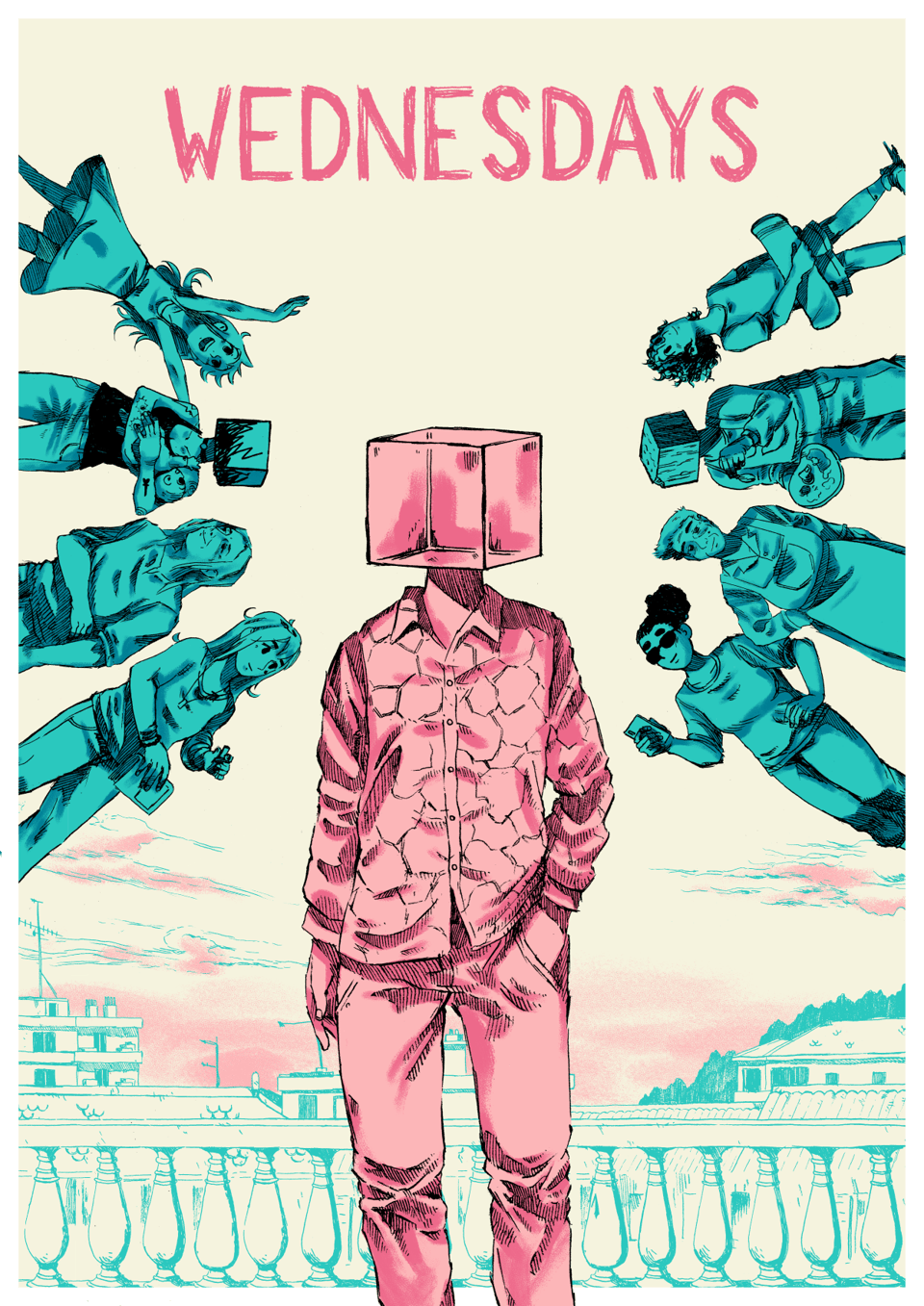 Vertical key art for Wednesdays. Drawing of a man standing, a hand in his pocket. He has a translucent cube in place of a head. The man is in pink on a vanilla background, we can see roofs from a city in the distance. Around him, several blue silhouettes seem to be cheering for him. Above, the title, in pink : Wednesdays