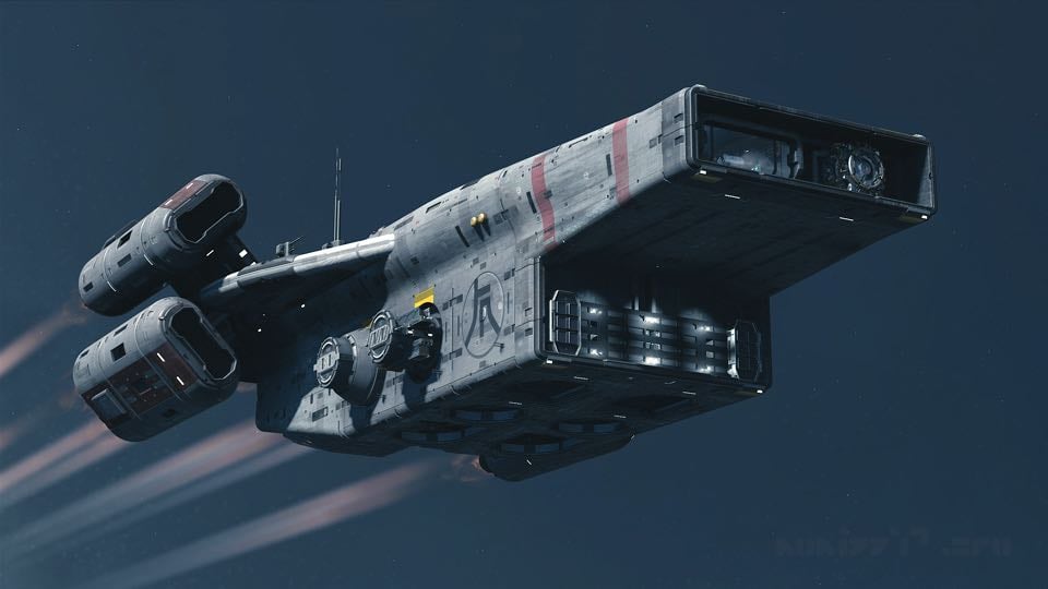 TY-32E Ascendant flying from left to right, boxy but sleek