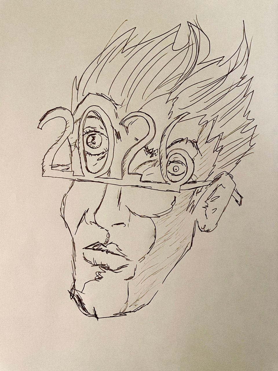 A rough sketch of a human wearing 2026 novelty glasses. One eye looking through the 0 is huge, the eye looking through the bottom of the 6 is tiny