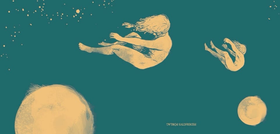 on a green background, the pale yellow shape of a man is flung from one moon to another, alone in space