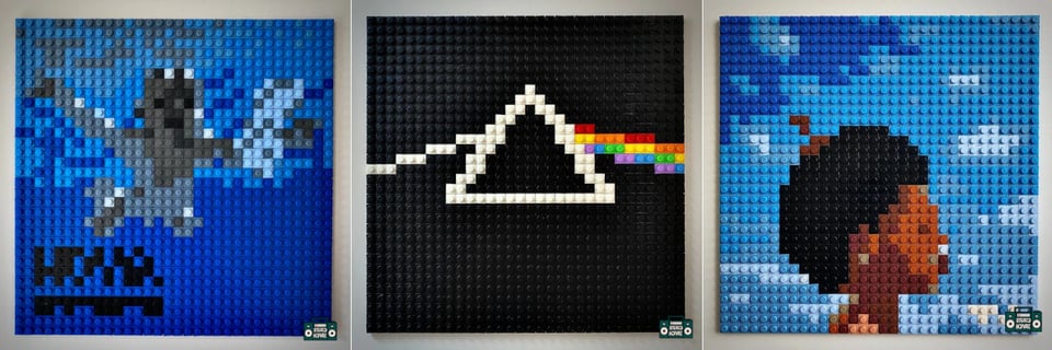 Versions of the covers of three albums, crudely pixellated in legos -- "Smells Like Teen Spirit," "Dark Side of the Moon", and "Nothing Was The Same"