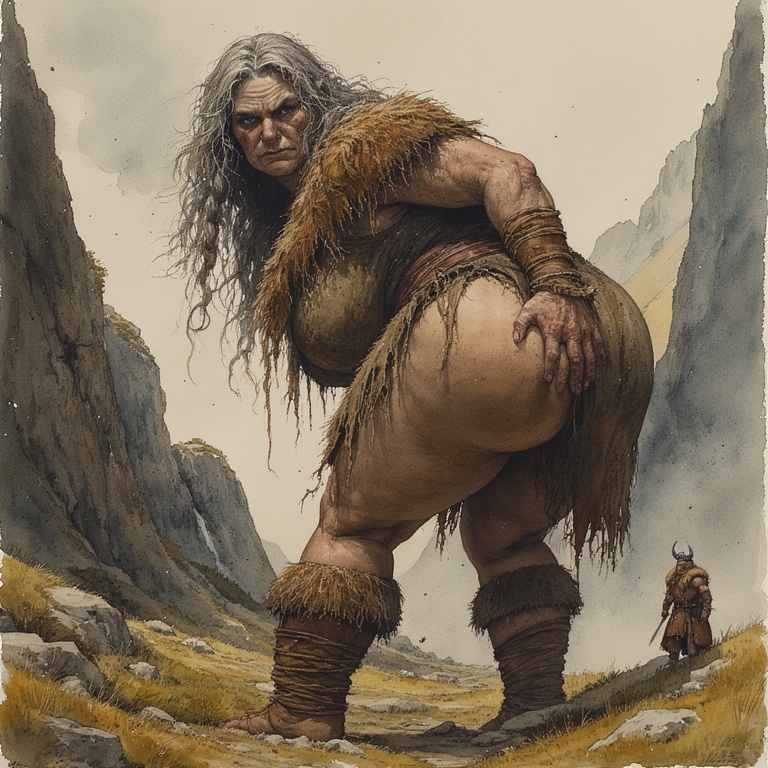 An old, angry giantess dressed in furs and tatters, standing in a rocky mountain valley. Her enormous rump is exposed, and she crouches over a tiny hapless VIking.