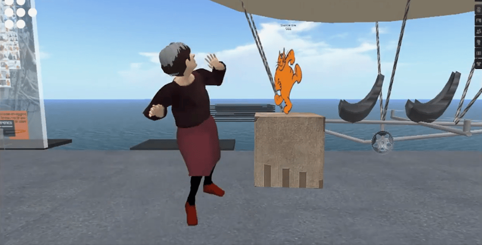 Agnes Varda's virtual avatar dancing with Chris Marker's cat persona in Second Life.