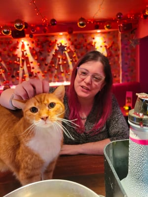 Meredith is in a pink room, standing at a bar petting an orange and white cat.