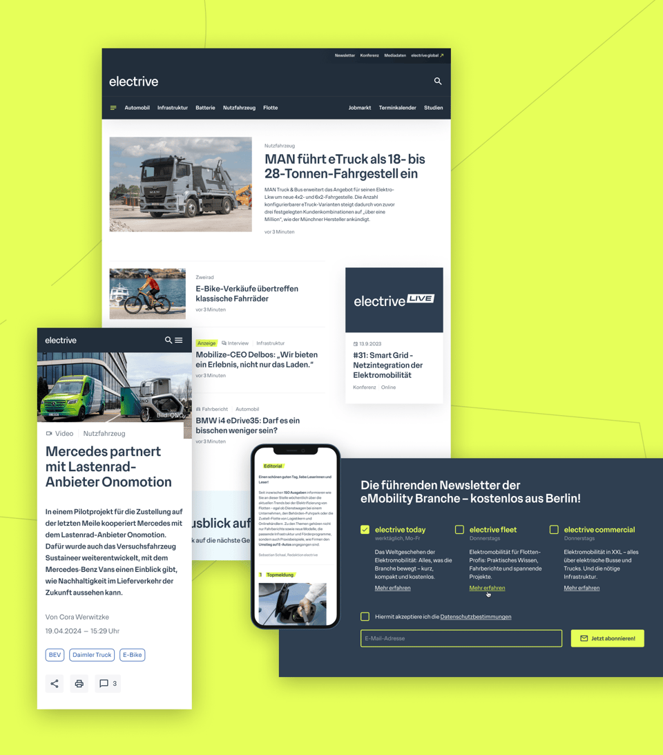 A collection of screenshots of the new electrive design