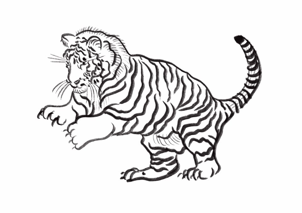 A brush painting of a tiger pouncing