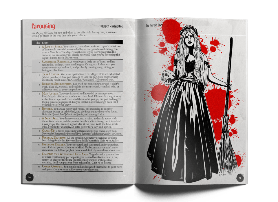 Carousing table and beautiful Purgis Pact witch in a gown holding a skull and a broom.