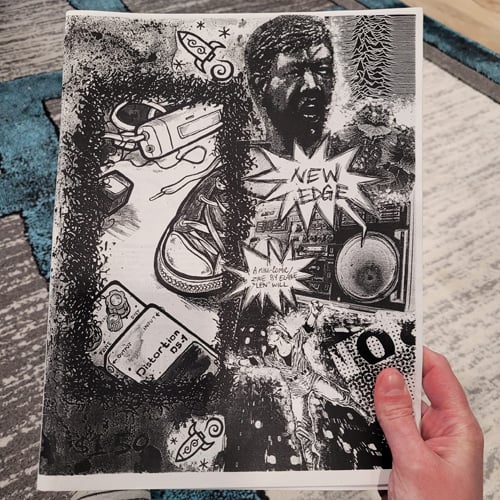 The cover of a comic called “New Edge,” made by myself in 2002. The cover is a greyscale collage with many disparate elements, mostly taken from my favourite album covers at the time, and a small drawing of a foot next to a distortion pedal in a frame at the left.