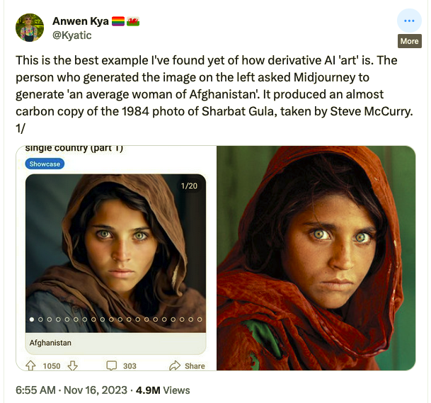 Twitter status of user Kyatic. Text says: "This is the best example I've found yet of how derivative AI 'art' is. The person who generated the image on the left asked Midjourney to generate 'an average woman of Afghanistan'. It produced an almost carbon copy of the 1984 photo of Sharbat Gula, taken by Steve McCurry. "