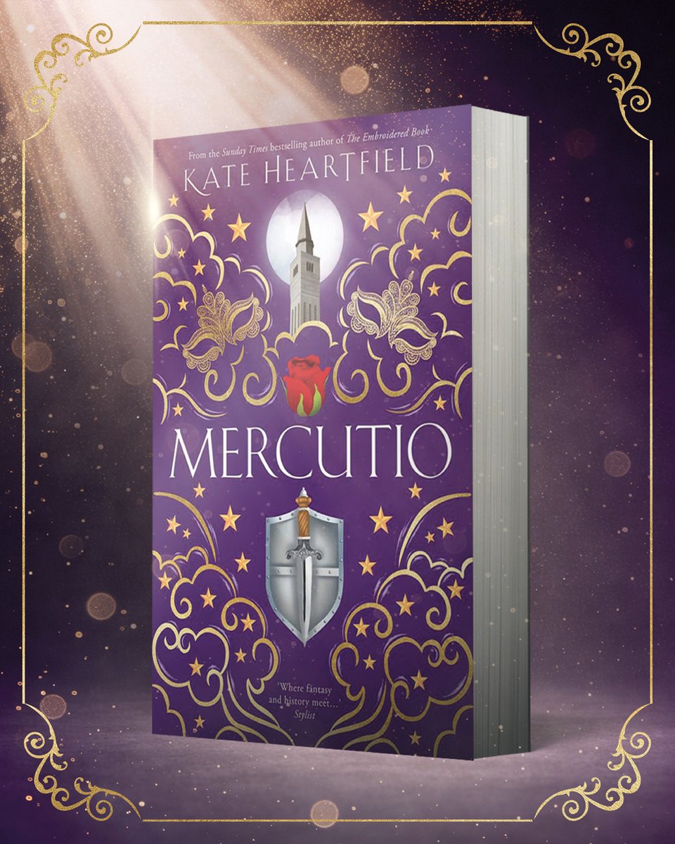 A mockup of the paperback of Mercutio. It has a purple and gold cover and is against a sparkly purple background.