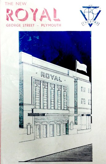 A illustration of a simple moderne cinema against a midnight blue sky. At the top is the 1930s ABC triangular logo.